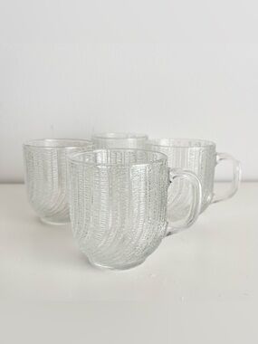 Vintage Arcoroc Seabreeze Clear Glass Mugs 4 Pc Made in USA Art Deco 8 oz